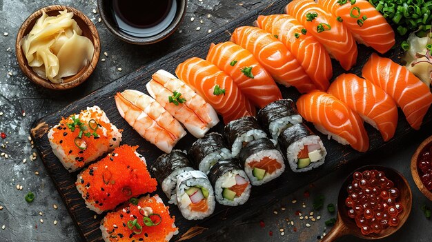 Sushi assortiment nigiri et maki grand ensemble sur ardoise Une variété de sushi japonais avec thon et crabe