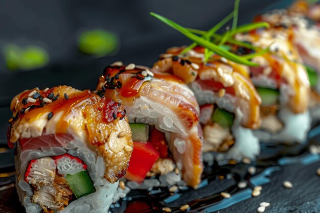 Photo sushi au poulet uramaki avec bacon, fromage transformé, tomate, oignon vert, noir et blanc