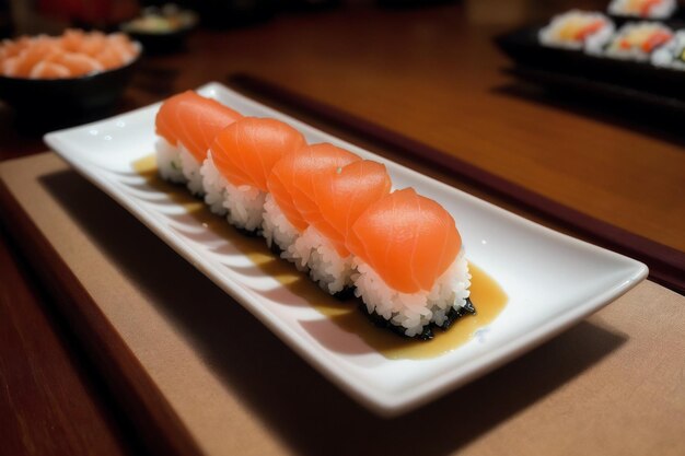 Sushi au saumon sur une assiette avec du riz et de la sauce
