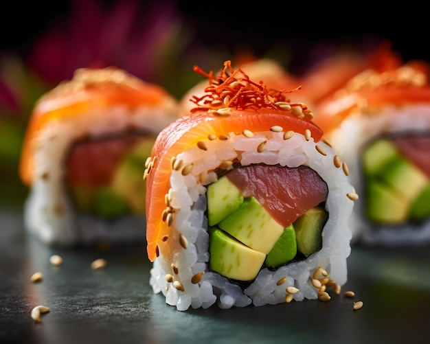 Sushi au saumon et thon à l'avocat dans des rouleaux vibrants Generative AI