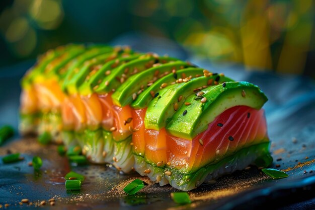 Sushi avec avocado et saumon sur ardoise