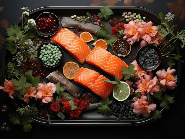 Sushi à base de poisson asiatique sur une assiette noire sur un fond sombre gros plan extrême IA générative