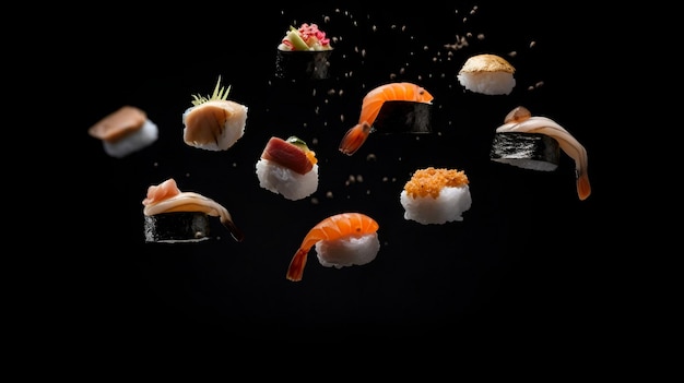 Photo sushi dans l'air avec un fond noir