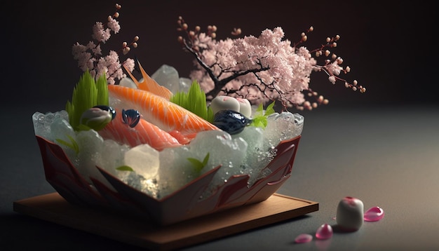 Sushi dans un bol avec des fleurs de cerisier