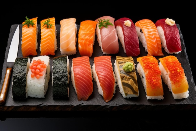 Photo un sushi différent avec un couteau japonais sur un fond d'ardoise en pierre noire