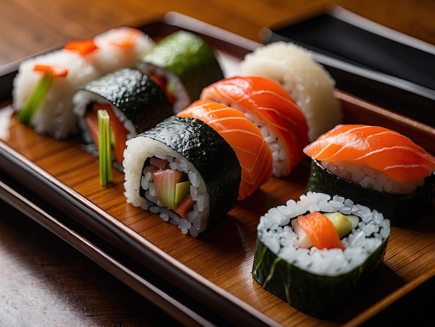 Photo sushi exposé sur un plateau traditionnel japonais en laque