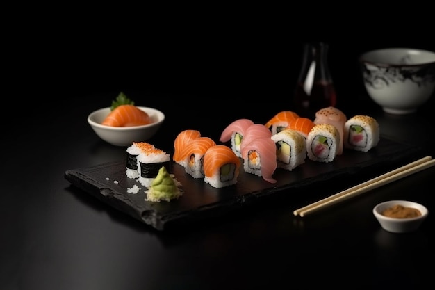 Sushi sur fond noir avec un bol de sushi