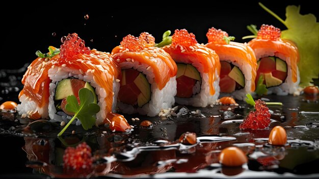 sushi frais plein de viande et de légumes sur une table en bois avec fond noir et flou