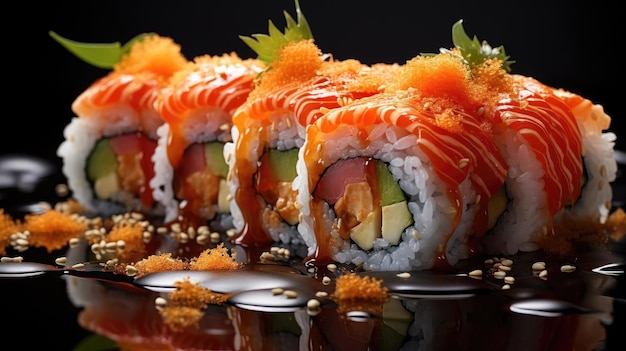 Sushi frais plein de viande et de légumes sur une table en bois avec fond noir et flou