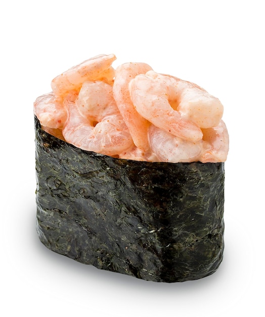 Sushi gunkan aux crevettes sur fond blanc isolé