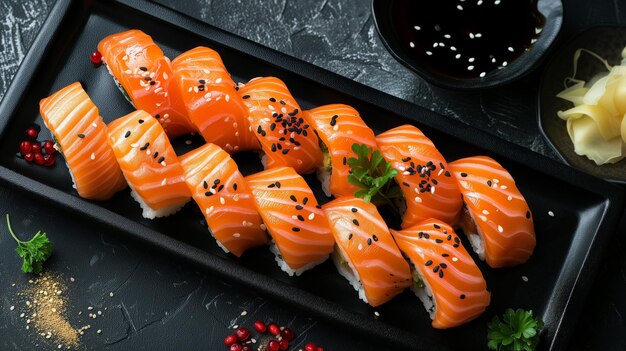 Photo sushi japonais au saumon sur assiette noire en gros plan vue de haut vue aérienne