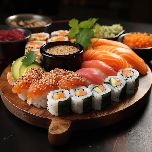 Sushi et légumes coupés en tranches sur un plateau en bois