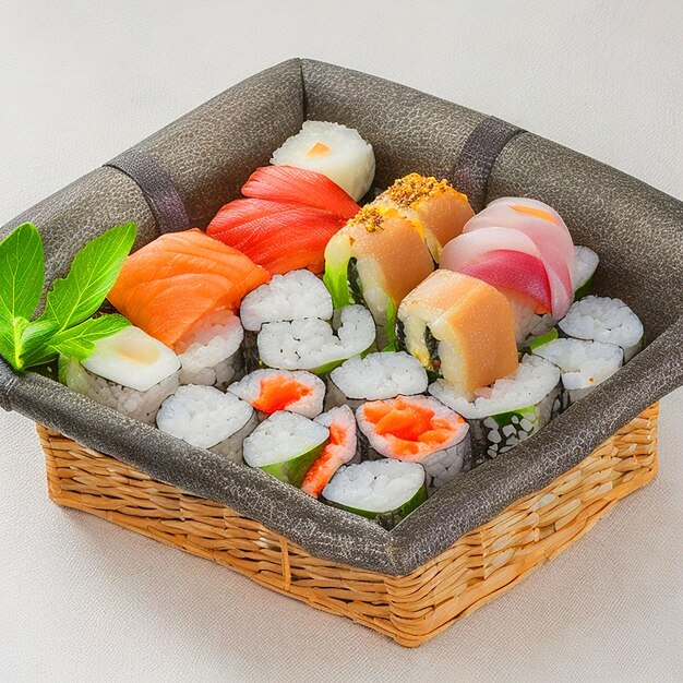 Sushi sur un panier en osier noir fond blanc image télécharger