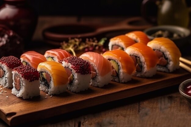 Sushi et petits pains sur une planche de bois Gros plan de sushis et petits pains Generative AI