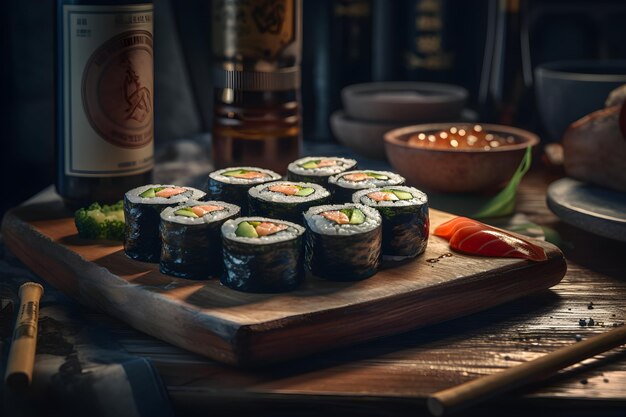 Photo sushi sur une planche de bois avec une bouteille de bière sur le côté