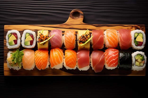 Photo sushi sur une planche de bois sur un fond brun