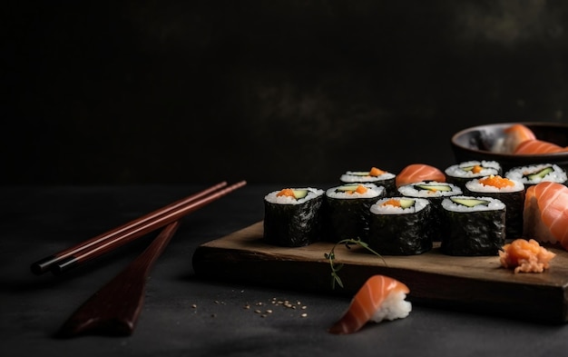 Sushi sur une planche de bois avec un fond noir