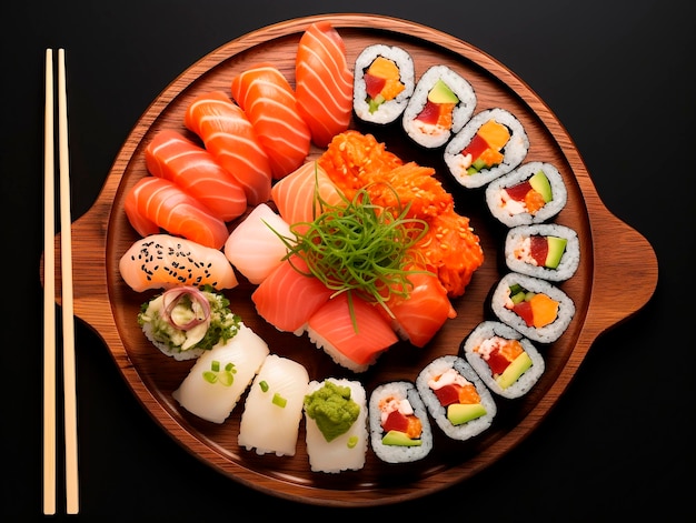 Sushi sur une plaque en bois isolée sur un fond noir