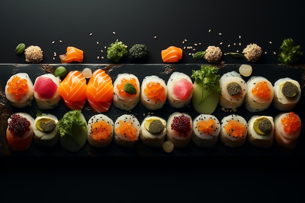 Sushi plat japonais traditionnel à base de riz traité avec du vinaigre de riz ou du sel et diverses garnitures ou couches composées principalement de fruits de mer mais pouvant inclure de la viande, des légumes et des algues