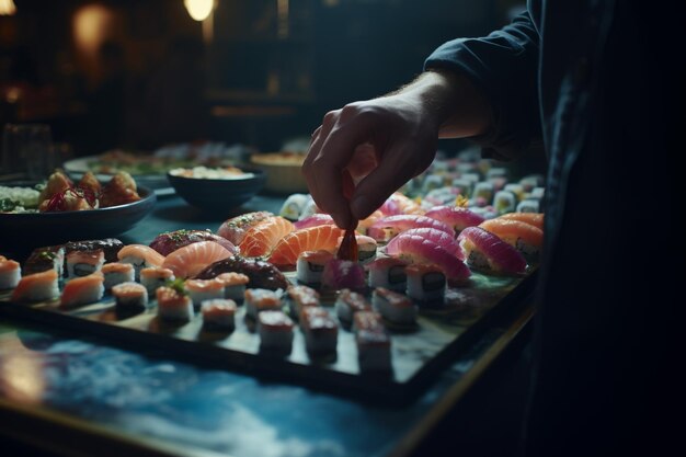 Sushi plat japonais traditionnel à base de riz traité avec du vinaigre de riz ou du sel et diverses garnitures ou couches composées principalement de fruits de mer mais pouvant inclure de la viande, des légumes et des algues