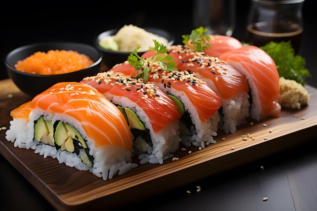 Sushi Un plat traditionnel japonais composé de riz vinaigré garni de divers ingrédients