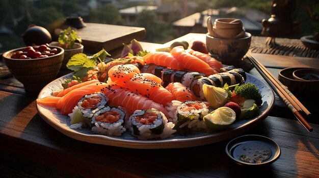 Photo sushi un plat typiquement japonais à base de riz fourré au poisson, aux algues, aux œufs nori, etc.