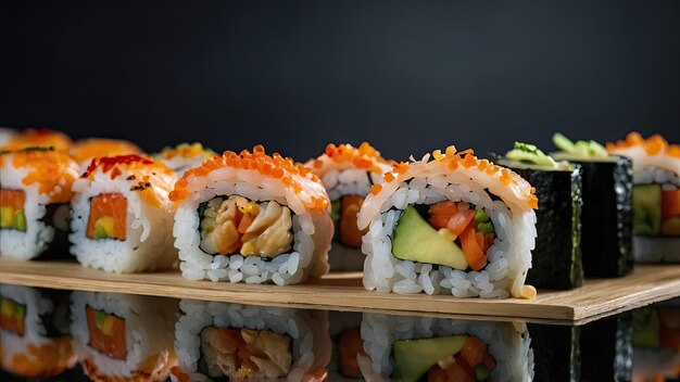 Sushi présenté sur une surface réfléchissante avec des éléments décoratifs