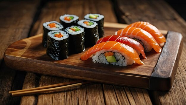 Sushi présenté sur une table de service en bois rustique avec des baguettes