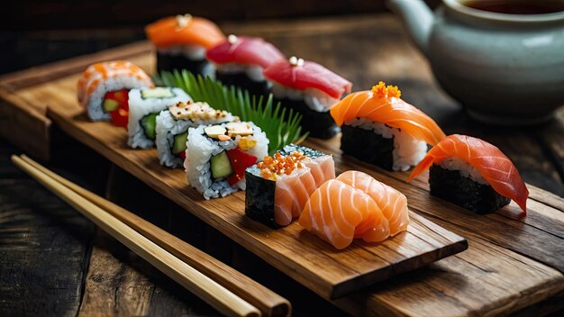 Sushi présenté sur une table de service en bois rustique avec des baguettes