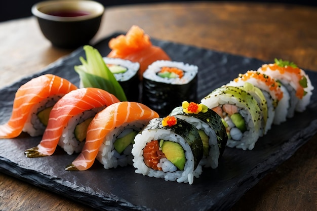 Un sushi et un sashimi artisanalement présentés sur une ardoise avec des éléments naturels et des garnitures