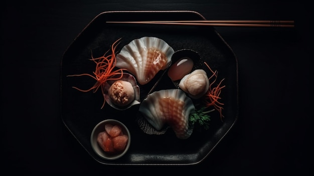 Sushi sashimi serti de pétoncles sur coquille avec daikon et citron sur plaque sur fond sombre