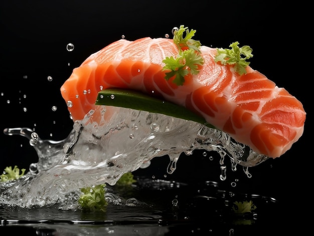 Sushi de saumon avec des éclaboussures d'eau