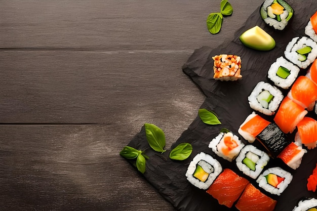 Sushi savoureux sur la vue de dessus de table en bois Espace de texte horizontal