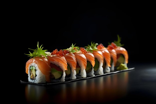 Sushi servi sur fond noir avec réflexion