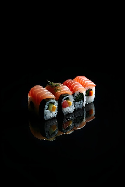 Photo sushi servi sur fond noir avec réflexion