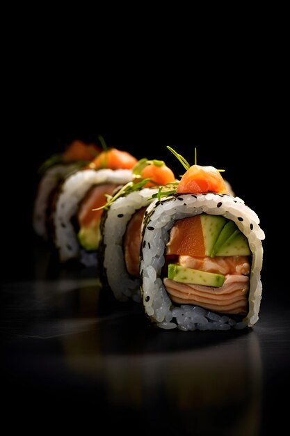 Sushi servi sur fond noir avec réflexion