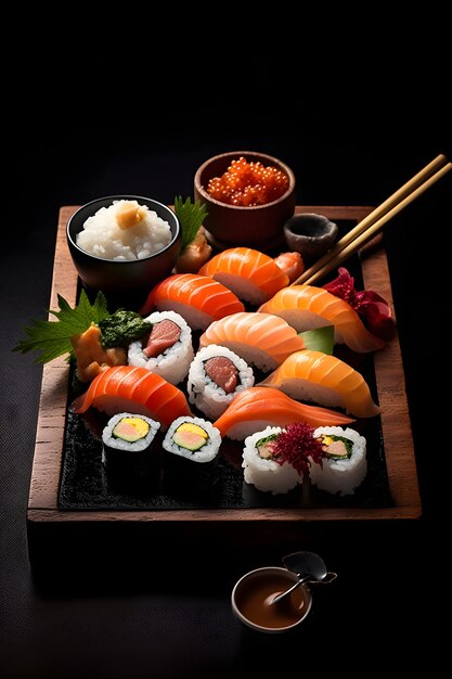 Photo sushi servi sur fond noir avec réflexion