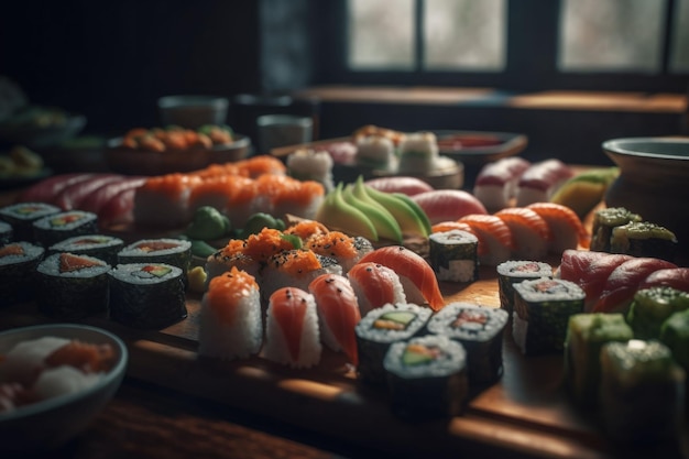 Sushi set nigiri et rouleaux de sushi servis sur planche de bois sur fond sombre IA générative