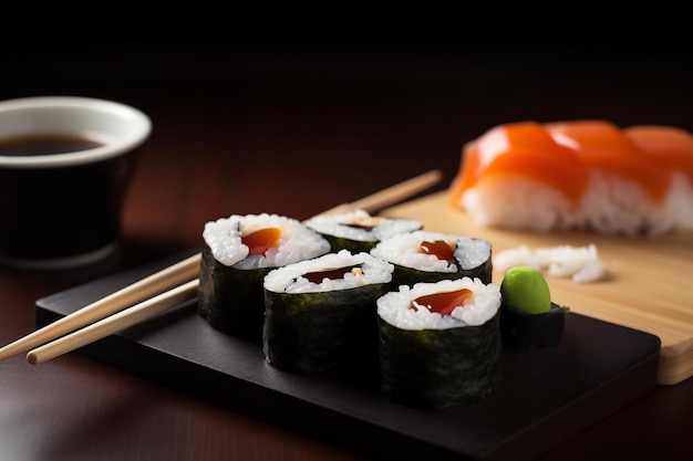 Sushi et sushi sur une assiette en bois