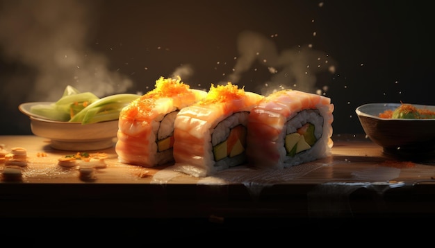 Sushi sur une table en bois avec un fond smokey