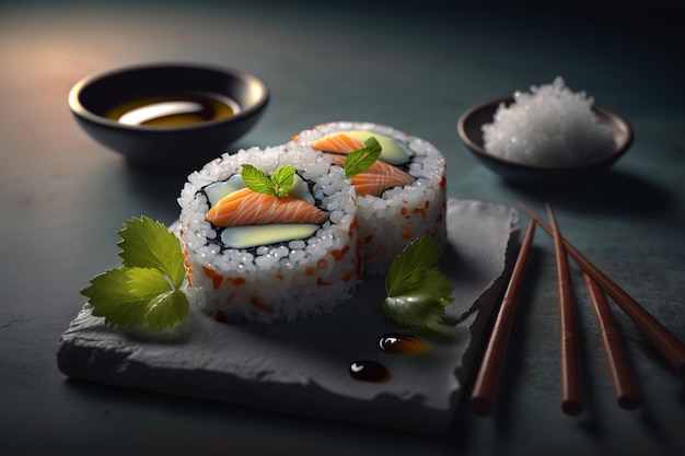 Sushi sur une table avec un bol de sauce soja et une assiette de nourriture.