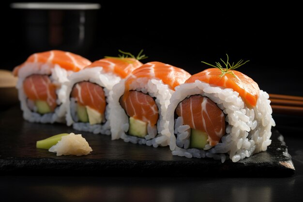 Photo des sushis avec du saumon.