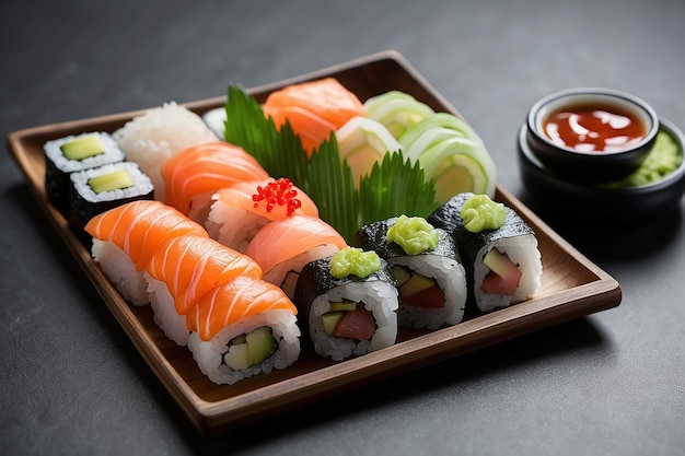 Des sushis frais avec du wasabi et du hashi.