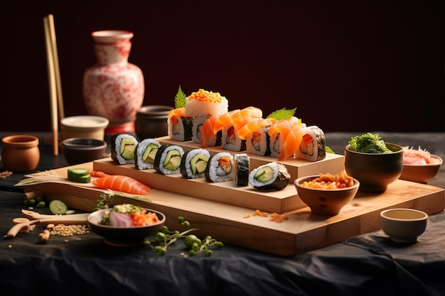 Des sushis et des ingrédients soigneusement préparés