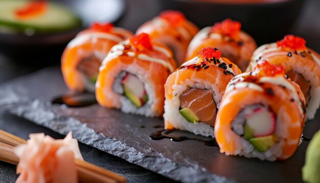 Photo des sushis et des rouleaux de sushis sur une plaque d'ardoise