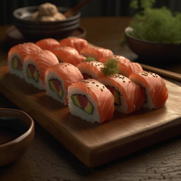 Les sushis roulent sur une planche de bois avec quelques autres sushis dessus.