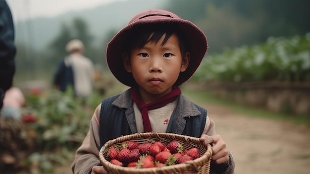 Sute petit fermier chinois est très heureux de tenir une très grosse fraise