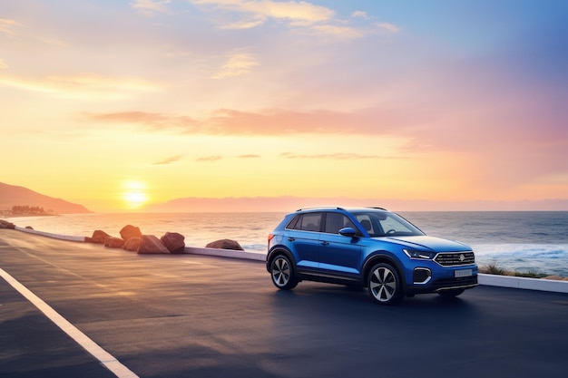 Le SUV compact bleu soucieux de l'environnement avec son design sportif et contemporain est situé o