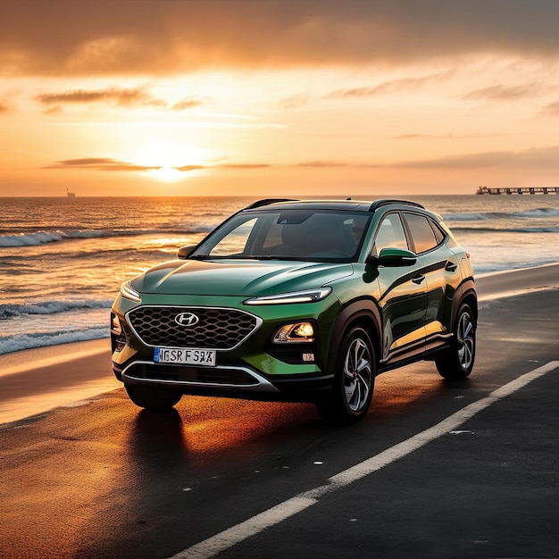 le suv électrique hyundai kobo roulant sur une route de plage au coucher du soleil avec des vagues en arrière-plan et un ciel orange