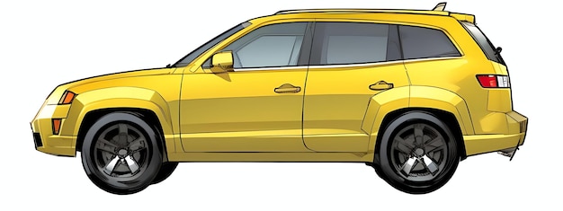 Un suv jaune est représenté dans un style cartoon avec un fond blanc et un contour noir AI